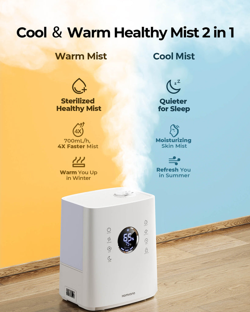 Homvana Smart Humidifier Warm & Cool Mist 7L (807ft²), Top-Fill Humidifiers  for Bedroom Baby Plants Home Nursery, Auto Adapt Mist Quick Air Humidity