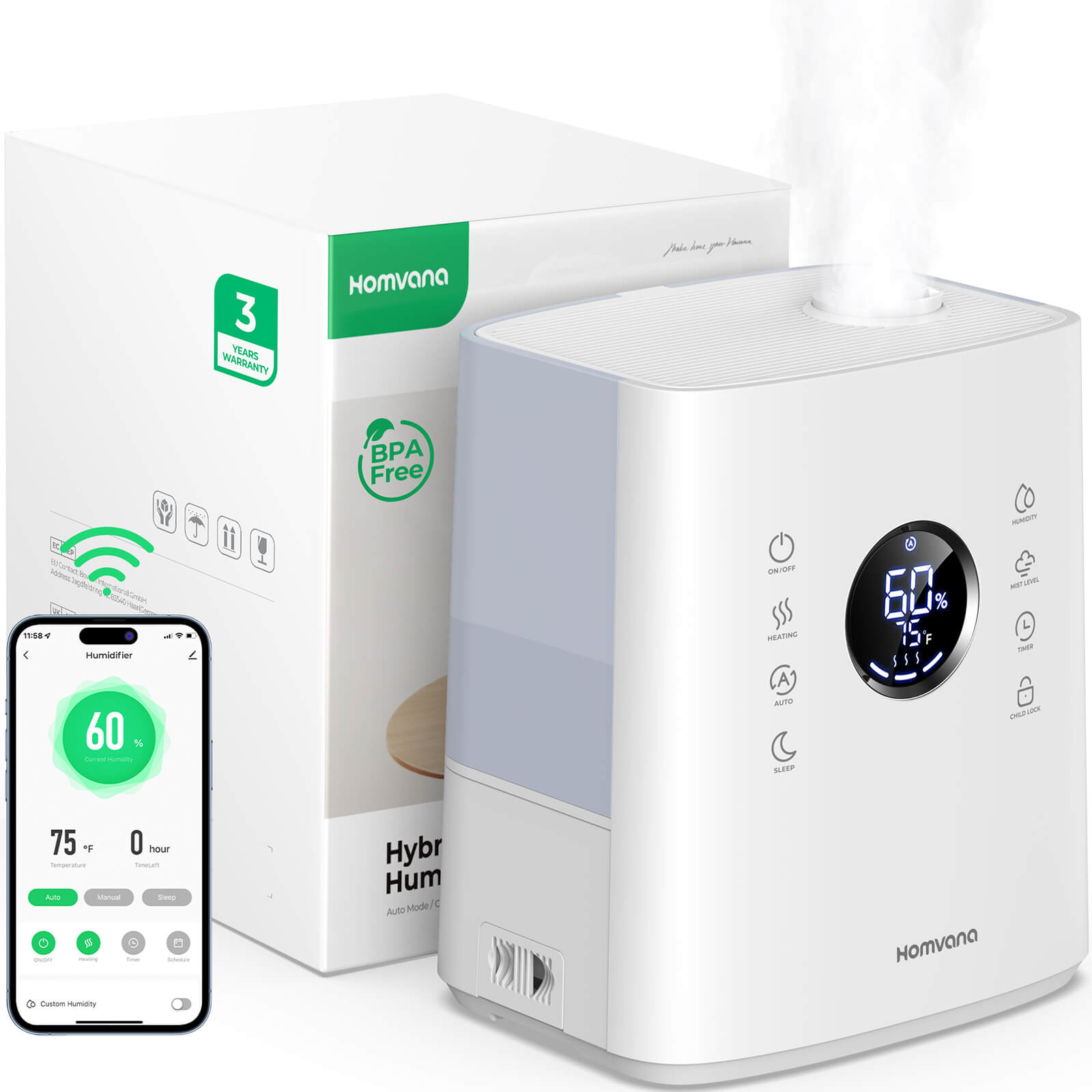 Smart Humidifier Box Homvana Smart Humidifier For Bedroom Large Room, 6.5 L Warm & Cool Mist ...